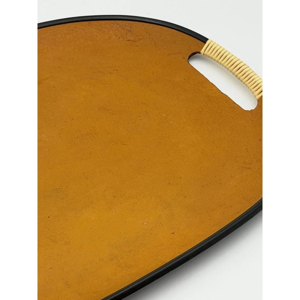 Vtg Mid Century Modern Mustard Yellow Faux Leather Wicker Handle Serving Tray